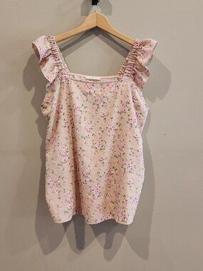Orange Farm Floral Ruffle Strap Tank Womens Large Pink Cottagecore Swiss Dot Top